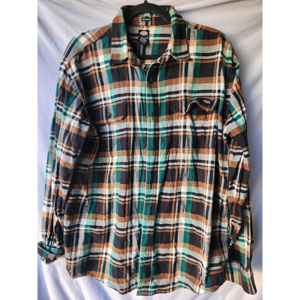 Dickies Mens Relaxed Fit Plaid Flannel Button Up